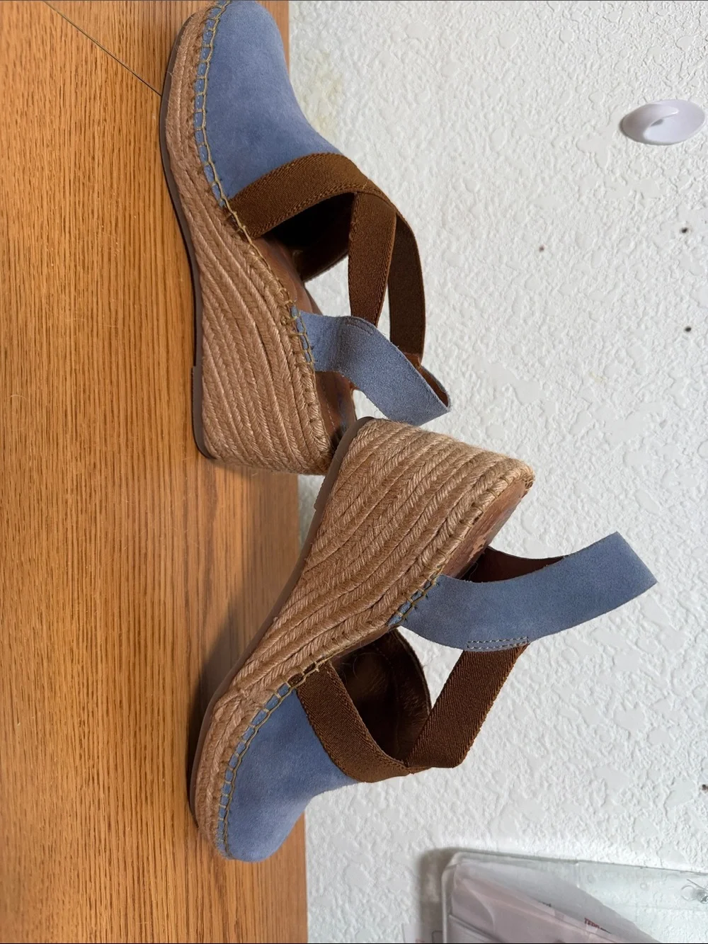 Born Blue Suede Espadrille Wedge with Brown Elastic Cross Straps